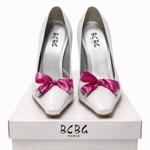 BCBG Paris White Pumps w/ Pink Bow Heels Size 8 (EU 38) WHT/PINK Kid/Grosgrain